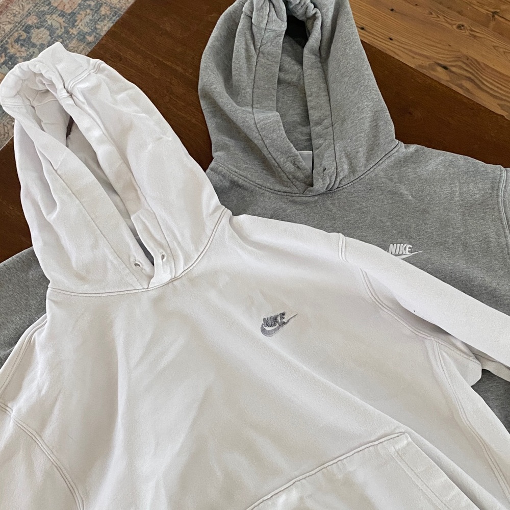 Nike Classic White and Gray Hoodies. Hoodie strings missing. Two for one